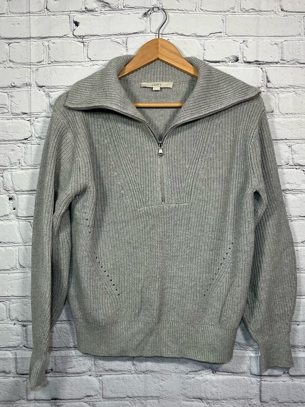 LOFT 1/4 Zip Ribbed Cowl Neck Sweater Womens Size XS Gray Cotton